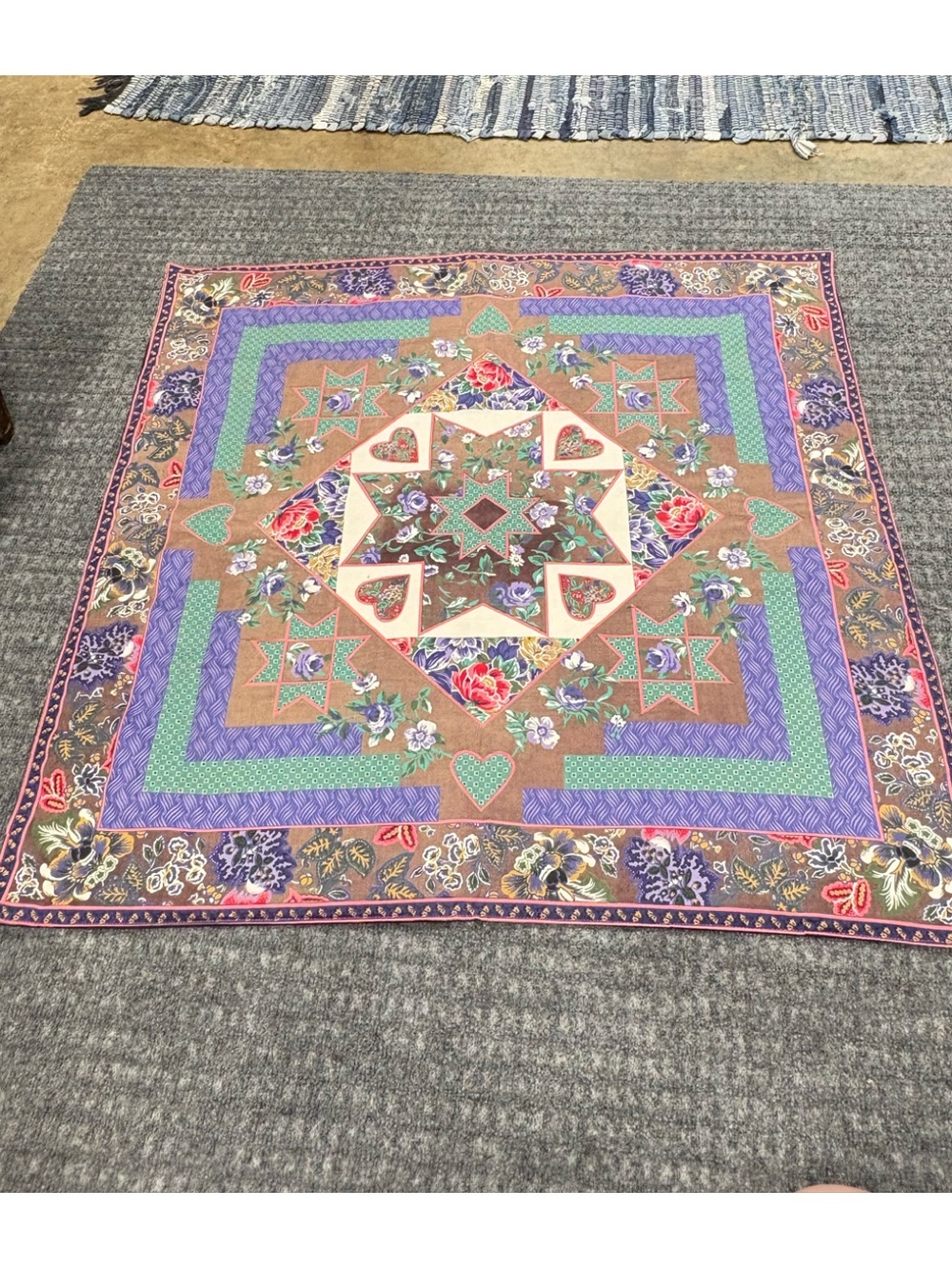 Hand Crafted Purple Green Brown Floral Medallion Table Linen 34x34